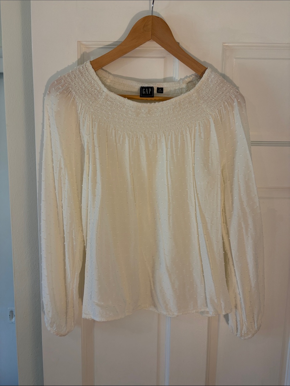GAP Cream Smocked Neck Long Sleeve Top